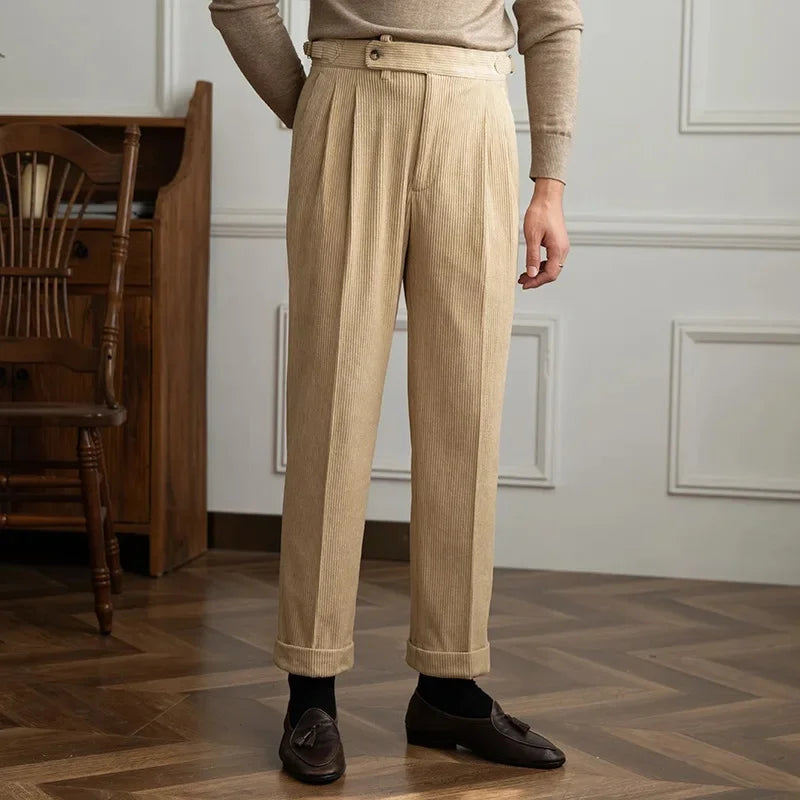 Men's Straight Leg Corduroy Pants with Pleated Front and Side Buckles