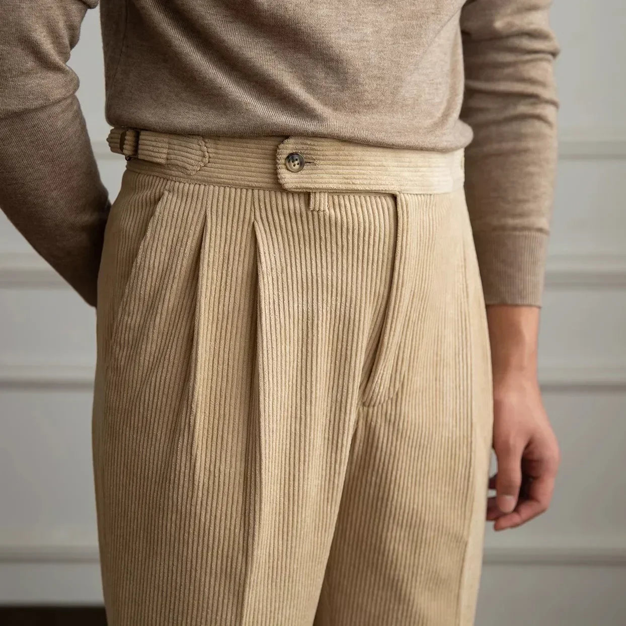 Men's Straight Leg Corduroy Pants with Pleated Front and Side Buckles