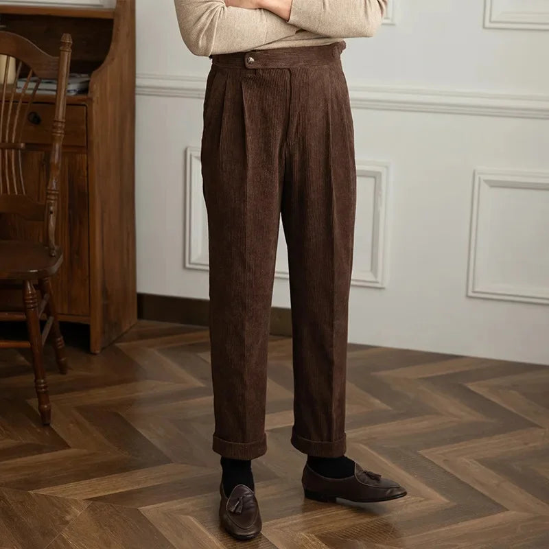 Men's Straight Leg Corduroy Pants with Pleated Front and Side Buckles