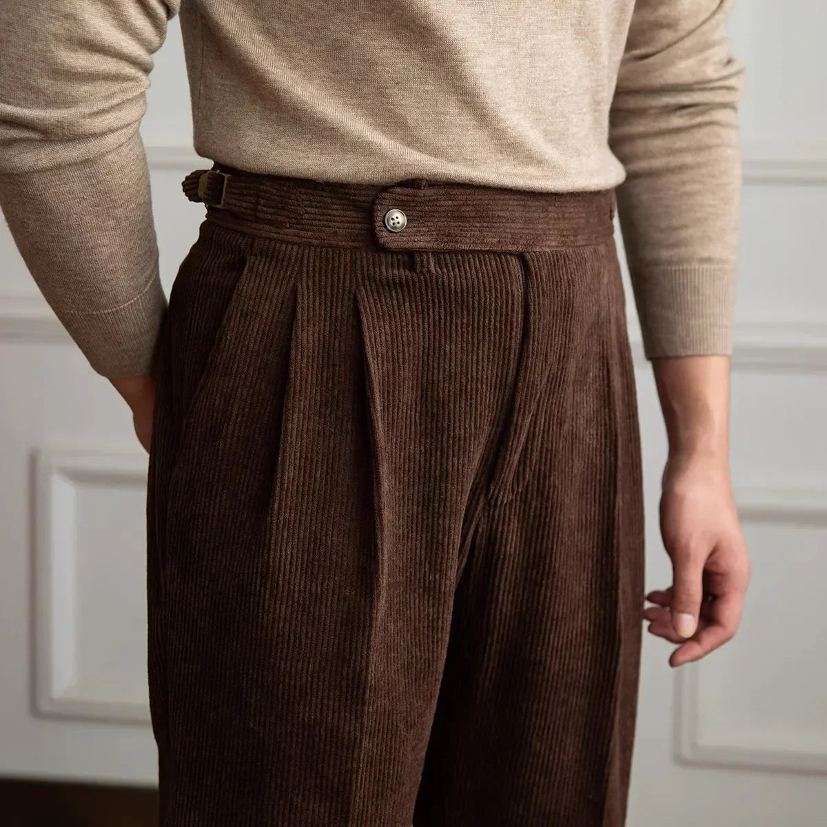 Men's Straight Leg Corduroy Pants with Pleated Front and Side Buckles