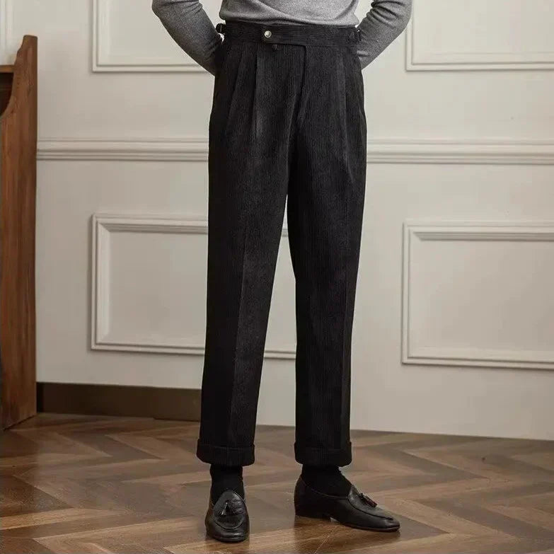 Men's Straight Leg Corduroy Pants with Pleated Front and Side Buckles