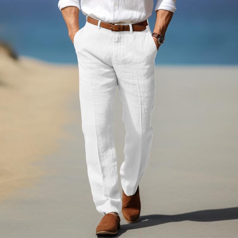 Men's Straight-Leg Linen Pants with Belt Loops and Slant Pockets