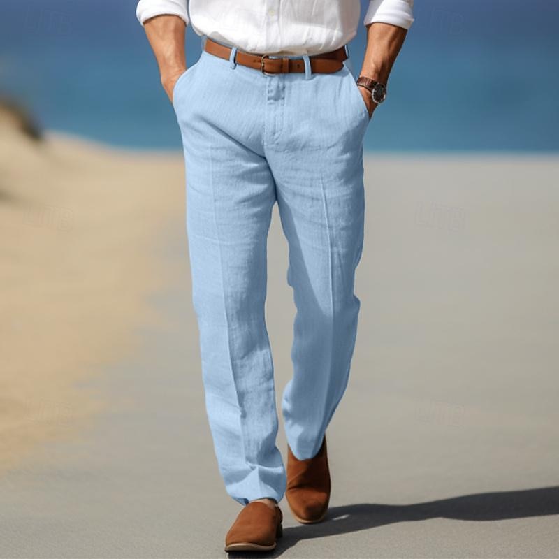 Men's Straight-Leg Linen Pants with Belt Loops and Slant Pockets