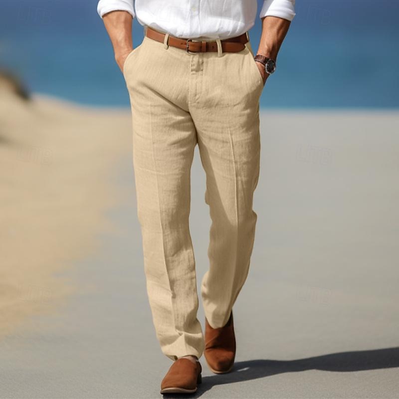 Men's Straight-Leg Linen Pants with Belt Loops and Slant Pockets