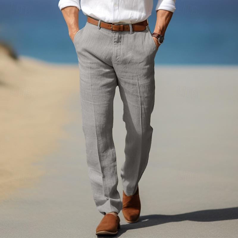 Men's Straight-Leg Linen Pants with Belt Loops and Slant Pockets