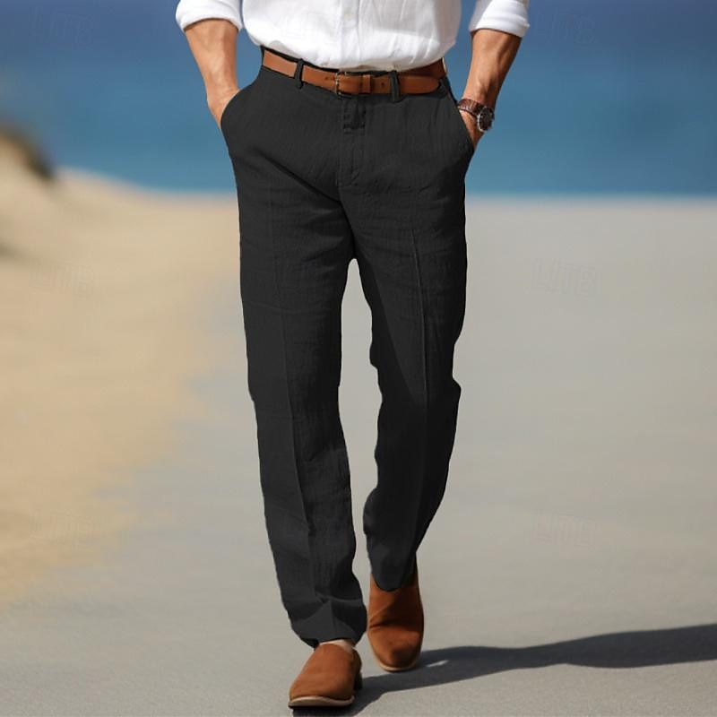 Men's Straight-Leg Linen Pants with Belt Loops and Slant Pockets