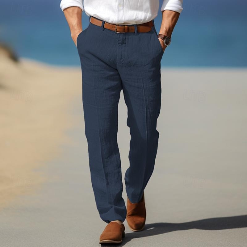 Men's Straight-Leg Linen Pants with Belt Loops and Slant Pockets