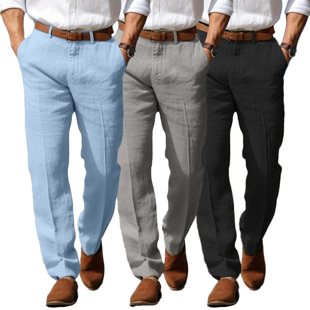 Men's Straight-Leg Linen Pants with Belt Loops and Slant Pockets