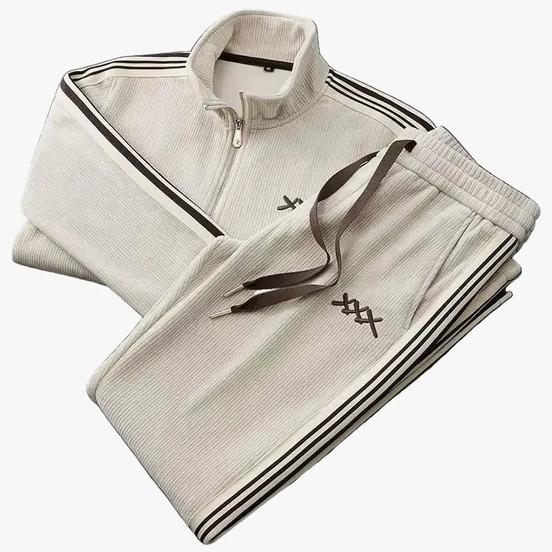 Men's Streetwear Corduroy Tracksuit with Zip Jacket and Stripe Trim