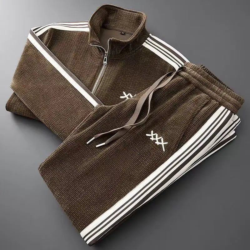 Men's Streetwear Corduroy Tracksuit with Zip Jacket and Stripe Trim