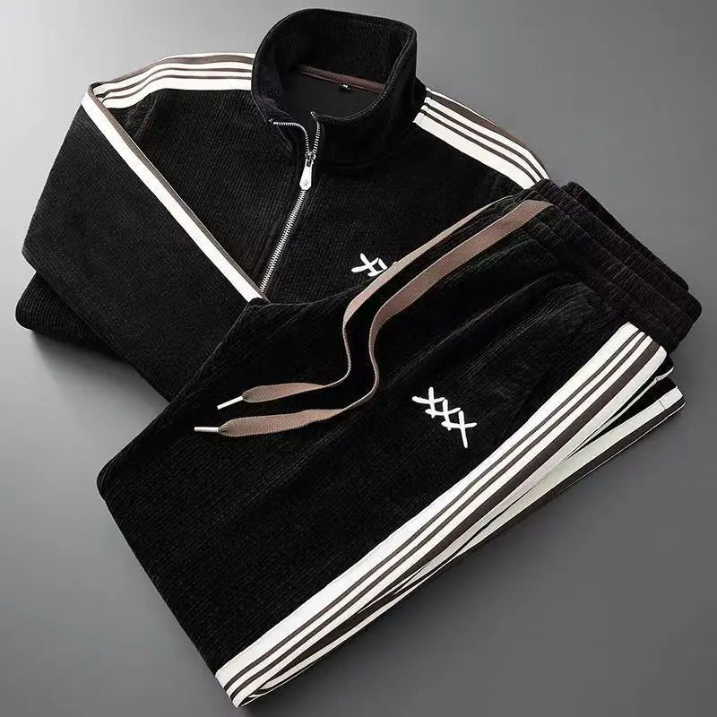 Men's Streetwear Corduroy Tracksuit with Zip Jacket and Stripe Trim