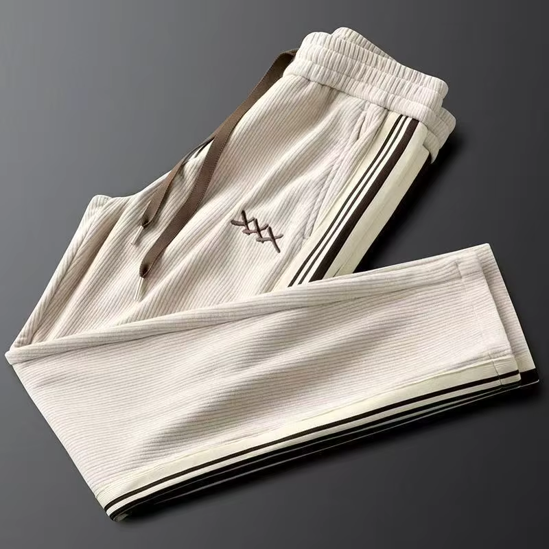 Men's Streetwear Corduroy Tracksuit with Zip Jacket and Stripe Trim