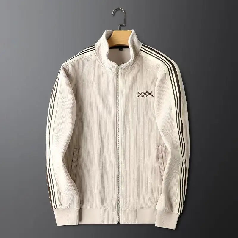 Men's Streetwear Corduroy Tracksuit with Zip Jacket and Stripe Trim
