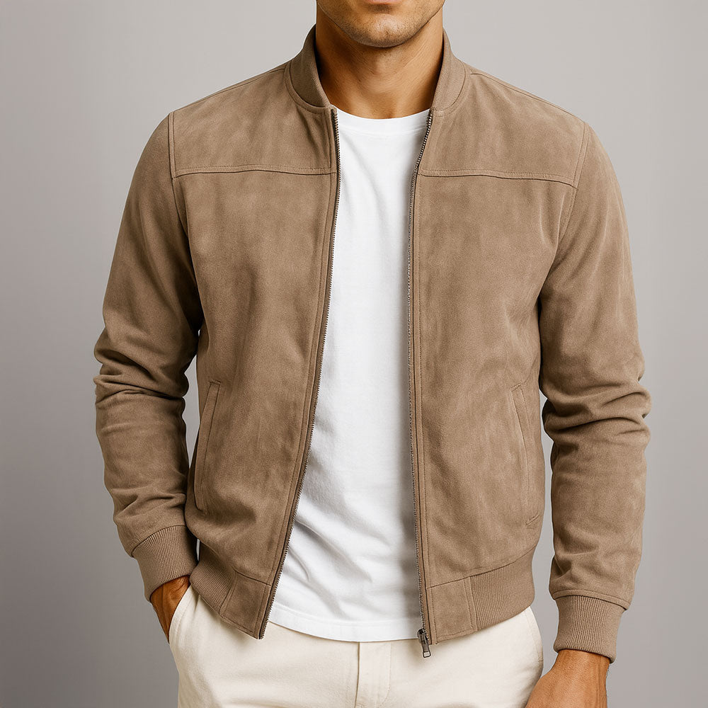 Men's Suede Bomber Jacket with Zip Front and Rib Trim