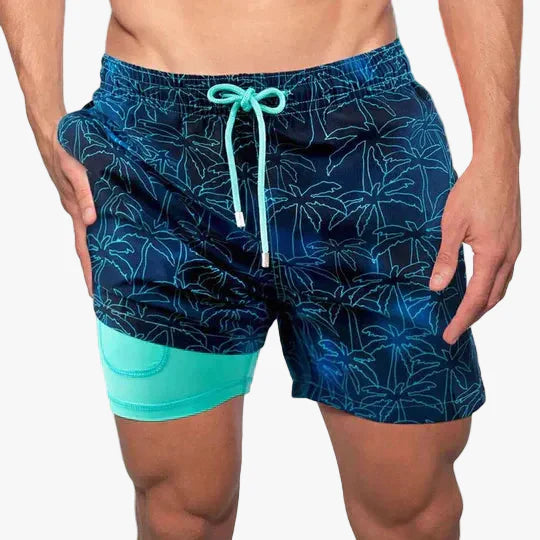 Men's Swim Shorts in Synthetic Material with Drawstring and Liner Pocket