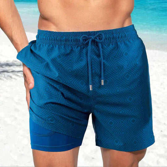 Men's Swim Shorts in Synthetic Material with Drawstring and Liner Pocket