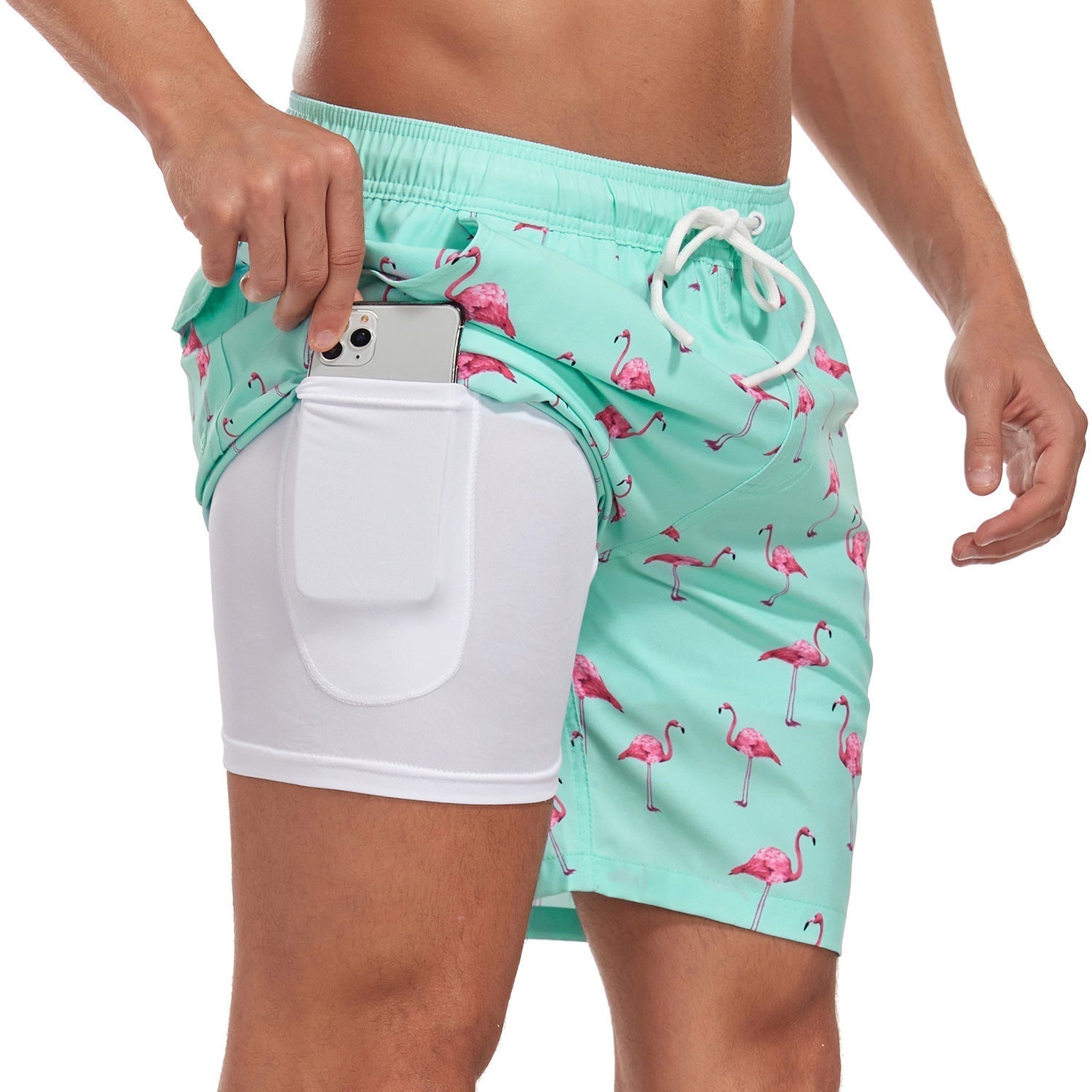 Men's Swim Shorts in Synthetic Material with Drawstring and Liner Pocket