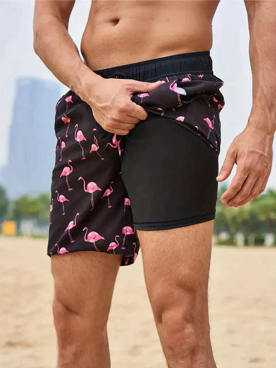 Men's Swim Shorts in Synthetic Material with Drawstring and Liner Pocket