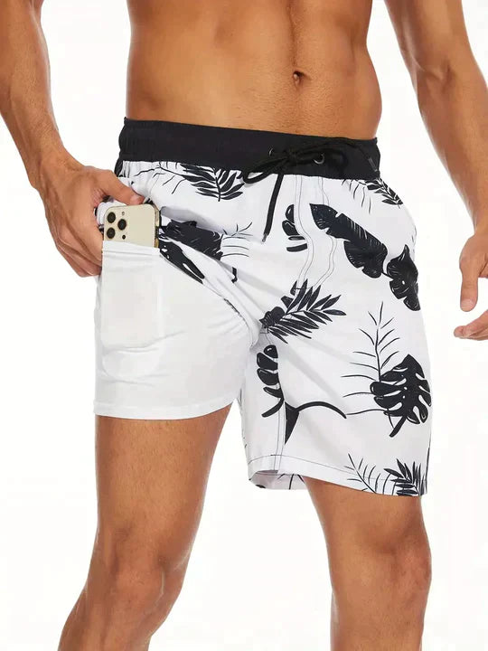 Men's Swim Shorts in Synthetic Material with Drawstring and Liner Pocket