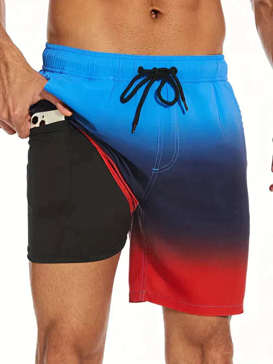 Men's Swim Shorts in Synthetic Material with Drawstring and Liner Pocket