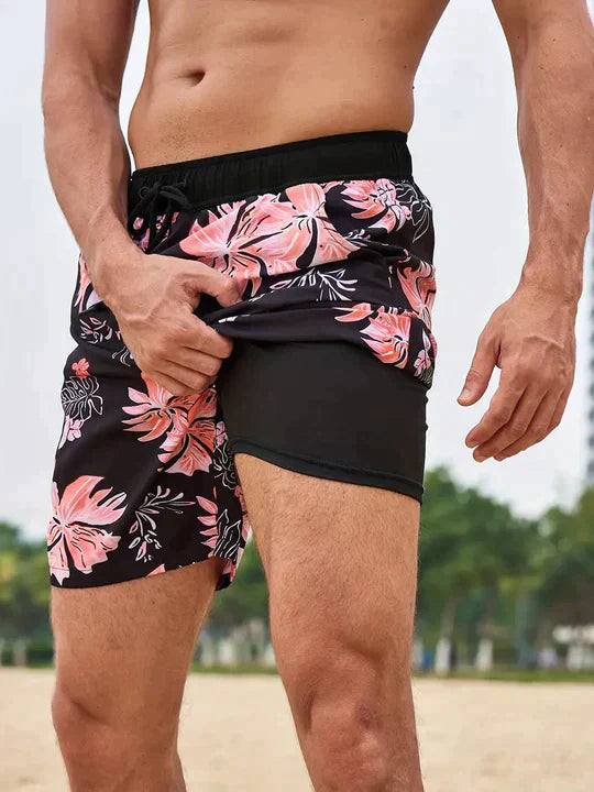 Men's Swim Shorts in Synthetic Material with Drawstring and Liner Pocket