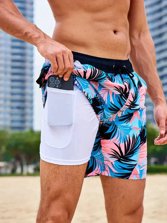 Men's Swim Shorts in Synthetic Material with Drawstring and Liner Pocket