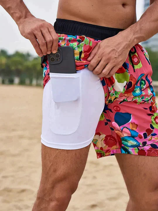 Men's Swim Shorts in Synthetic Material with Drawstring and Liner Pocket