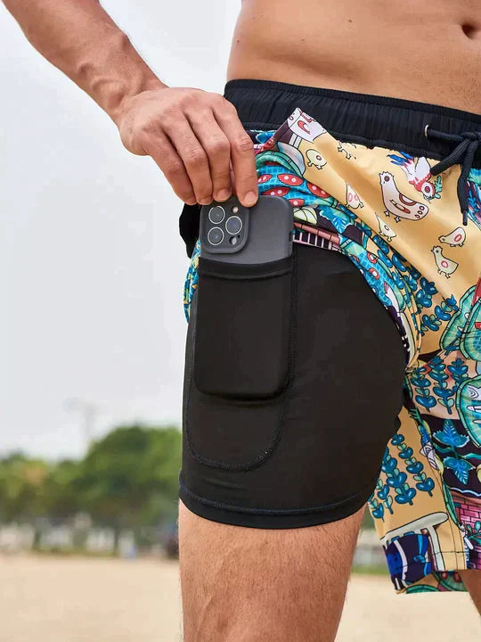 Men's Swim Shorts in Synthetic Material with Drawstring and Liner Pocket