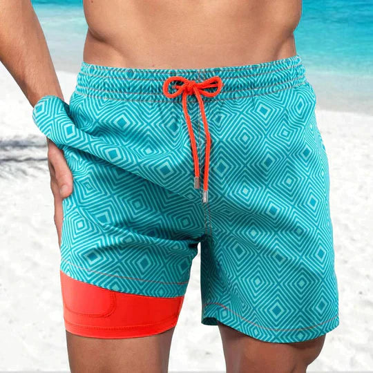 Men's Swim Shorts in Synthetic Material with Drawstring and Liner Pocket