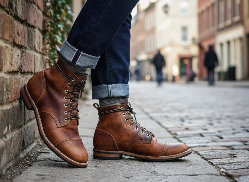 Men's Synthetic Ankle Boots with Lace-Up Front and Cap Toe