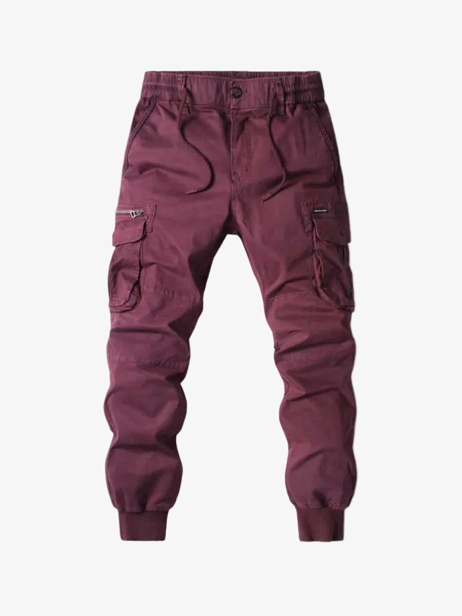 Men's Twill Cargo Jogger Pants with Zip Pockets and Drawstring Waist