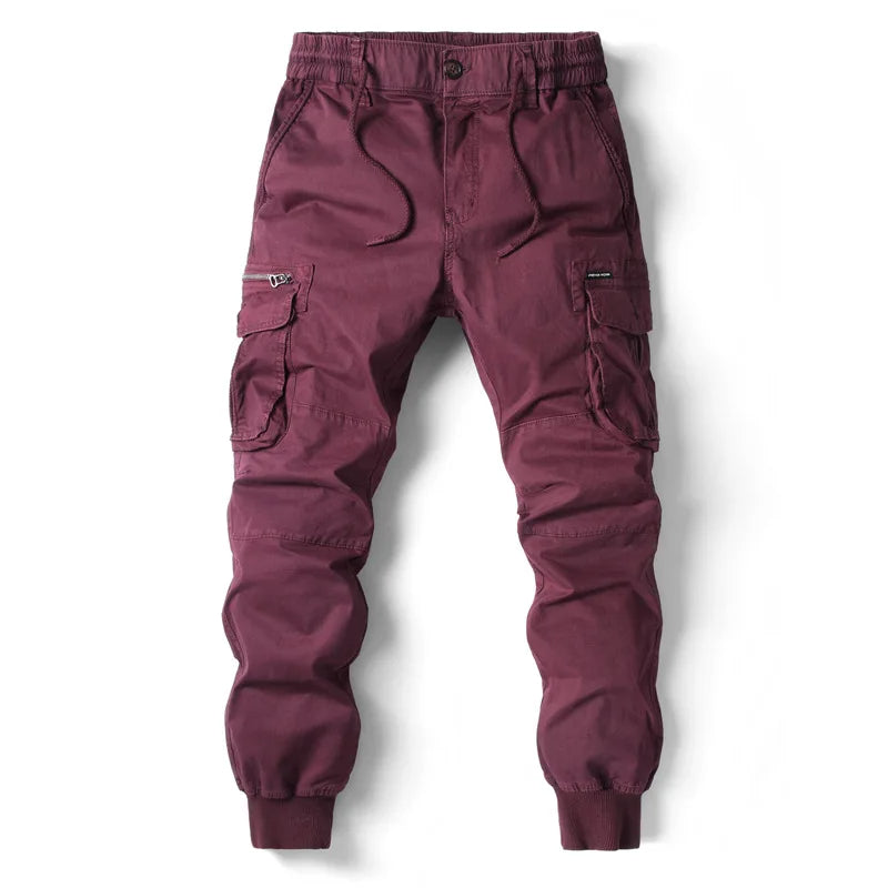 Men's Twill Cargo Jogger Pants with Zip Pockets and Drawstring Waist