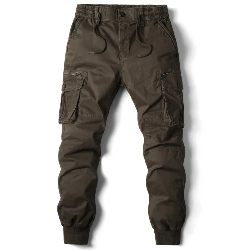 Men's Twill Cargo Jogger Pants with Zip Pockets and Drawstring Waist