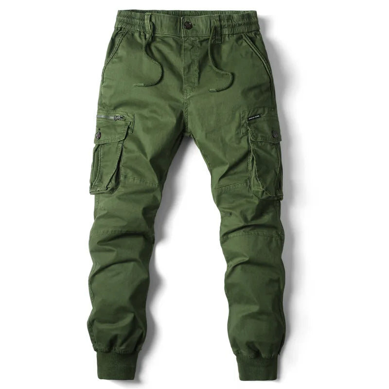 Men's Twill Cargo Jogger Pants with Zip Pockets and Drawstring Waist