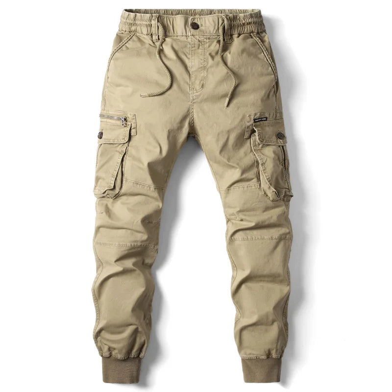 Men's Twill Cargo Jogger Pants with Zip Pockets and Drawstring Waist