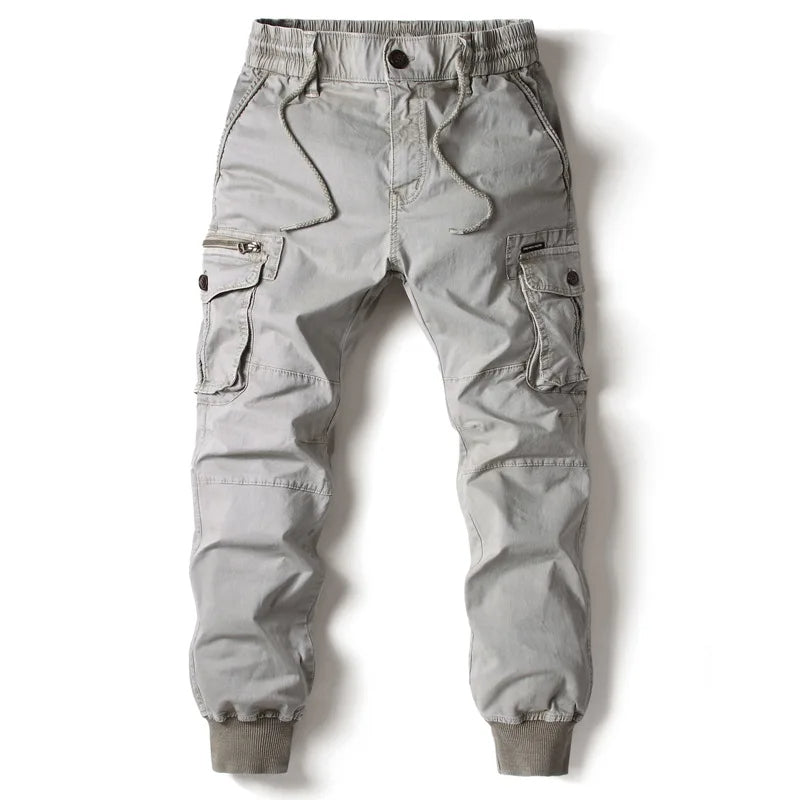 Men's Twill Cargo Jogger Pants with Zip Pockets and Drawstring Waist