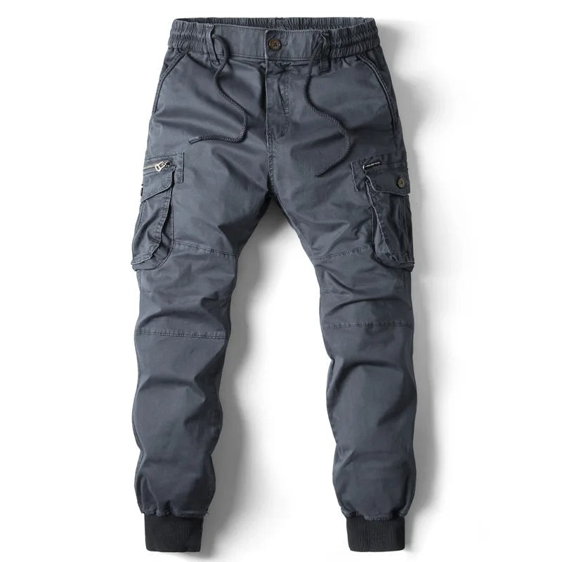 Men's Twill Cargo Jogger Pants with Zip Pockets and Drawstring Waist