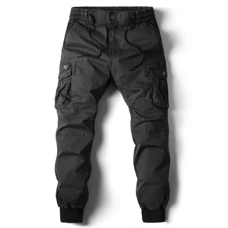 Men's Twill Cargo Jogger Pants with Zip Pockets and Drawstring Waist