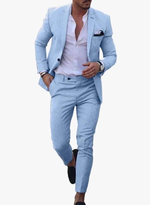 Men's Two-Piece Woven Suit with Notch Lapels and Pocket Square