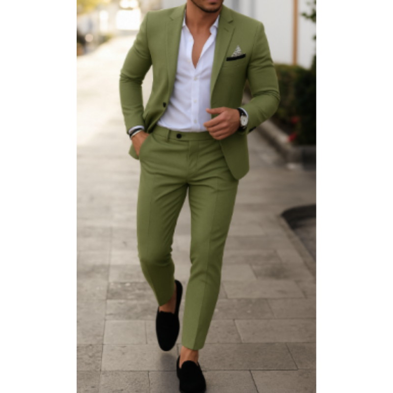 Men's Two-Piece Woven Suit with Notch Lapels and Pocket Square