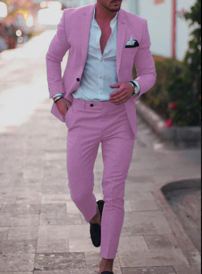 Men's Two-Piece Woven Suit with Notch Lapels and Pocket Square
