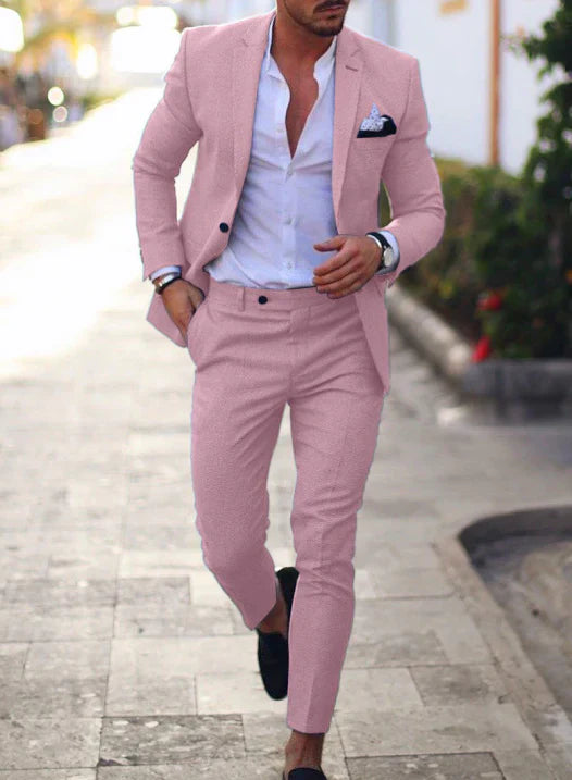 Men's Two-Piece Woven Suit with Notch Lapels and Pocket Square