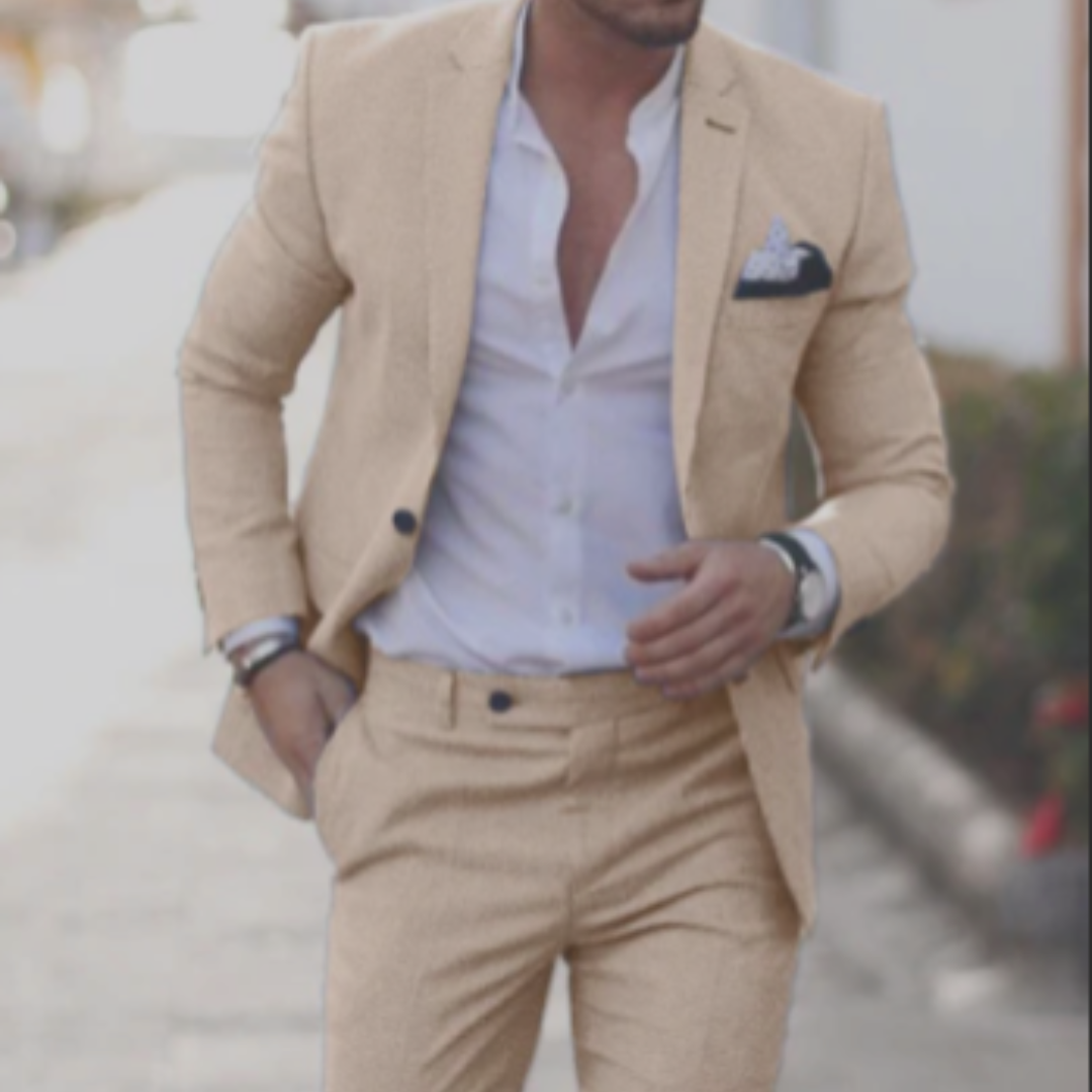 Men's Two-Piece Woven Suit with Notch Lapels and Pocket Square