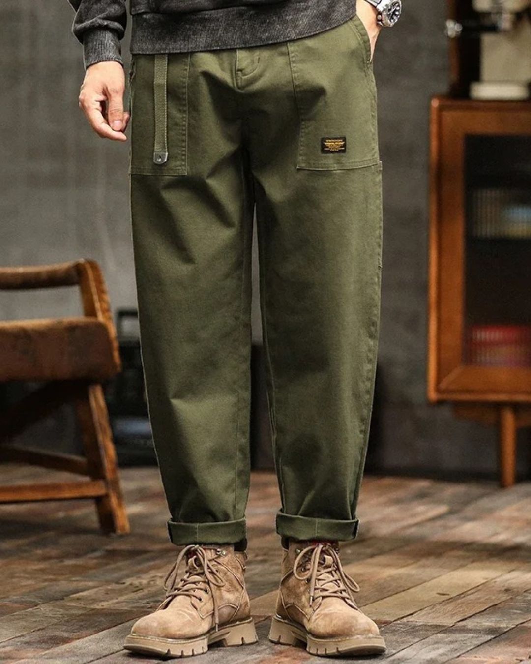 Men's Utility Twill Pants with Pleated Front and Flap Pocket