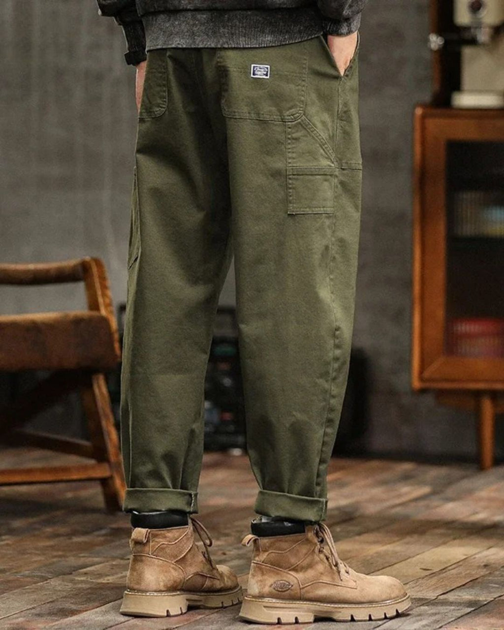 Men's Utility Twill Pants with Pleated Front and Flap Pocket