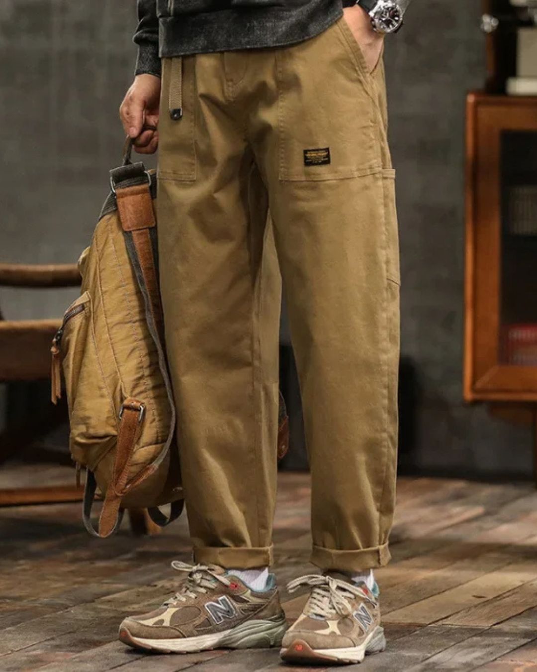 Men's Utility Twill Pants with Pleated Front and Flap Pocket