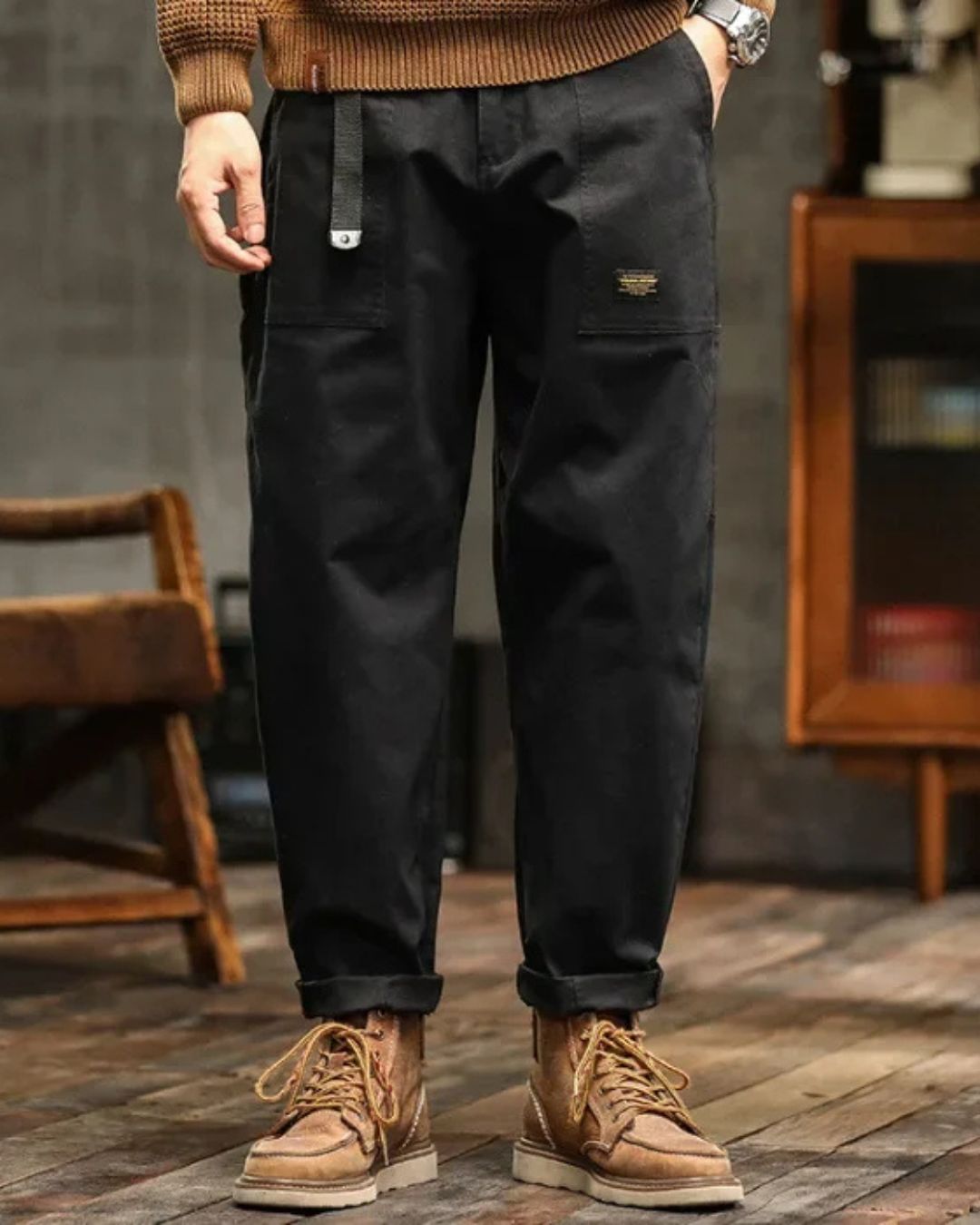 Men's Utility Twill Pants with Pleated Front and Flap Pocket