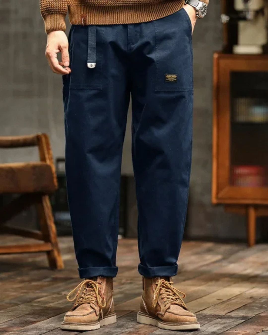 Men's Utility Twill Pants with Pleated Front and Flap Pocket