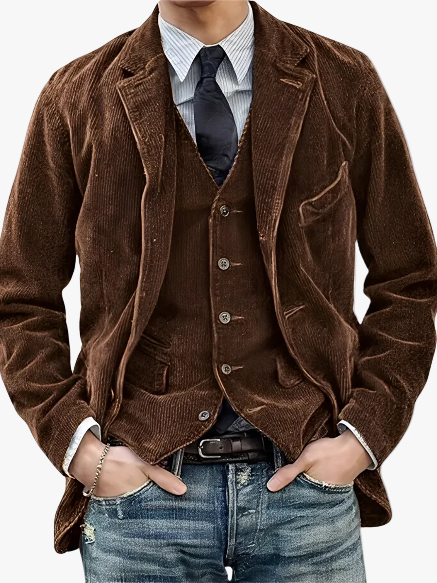 Men's Vintage-Style Corduroy Coat with Notch Lapels and Button Front
