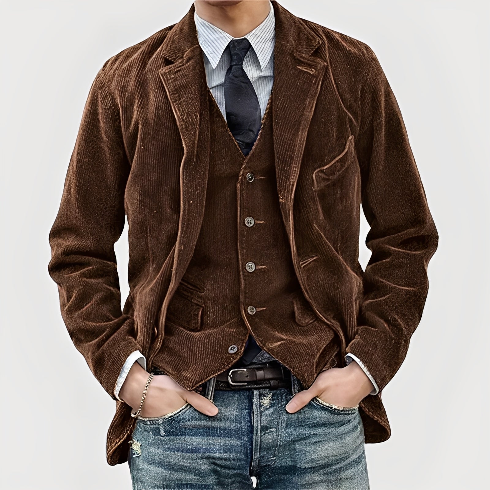 Men's Vintage-Style Corduroy Coat with Notch Lapels and Button Front
